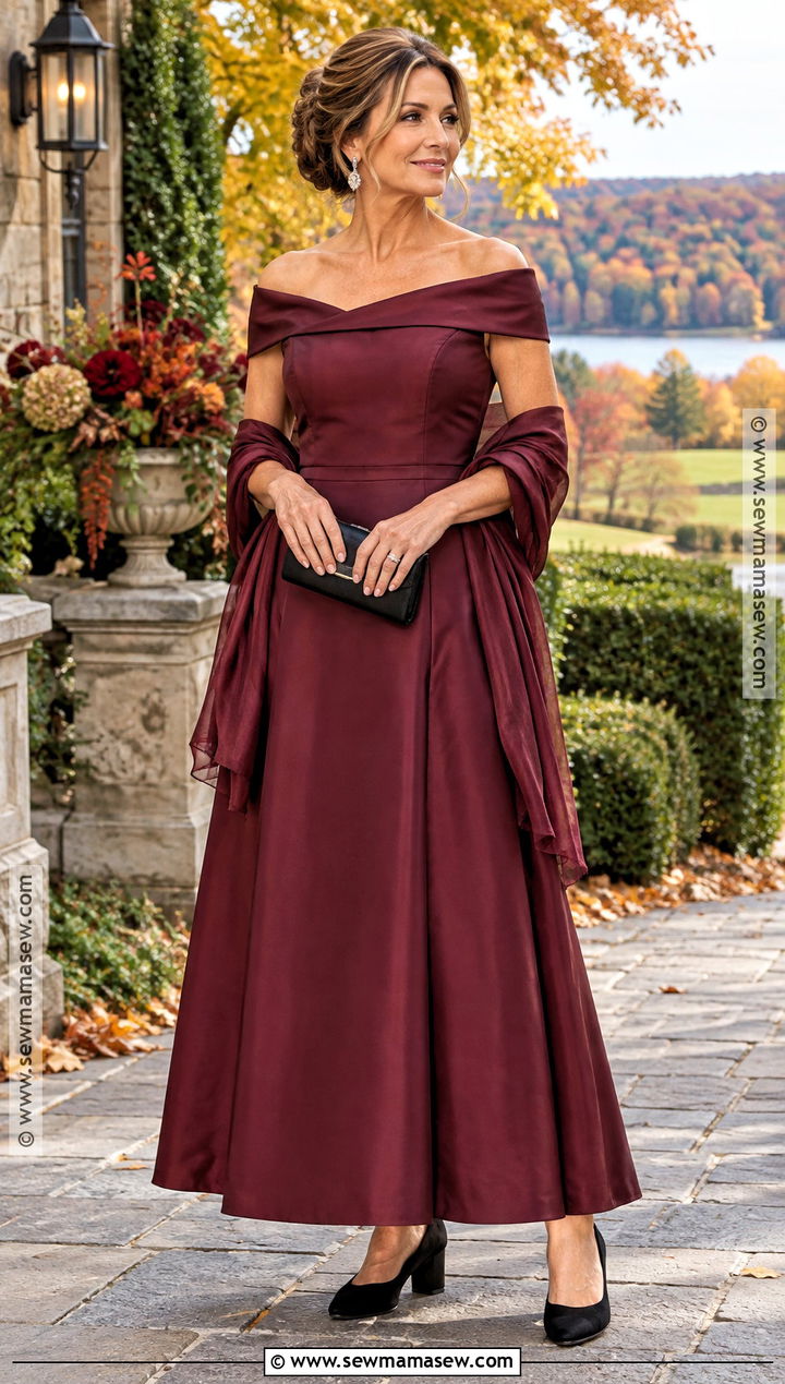 Garnet Off the Shoulder Mother of the Groom Gown With a Wrap - 20 mother of the groom dresses for fall outdoor
