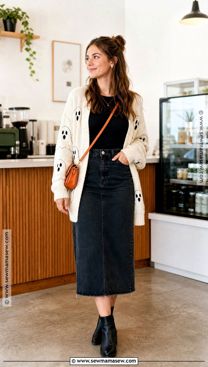 Ghost Cardigan And Denim Skirt Outfit - 30 Spooky Season Outfits