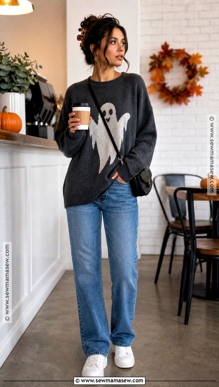 Ghost Halloween Sweater With Straight Leg Jeans - 35 halloween sweater ideas