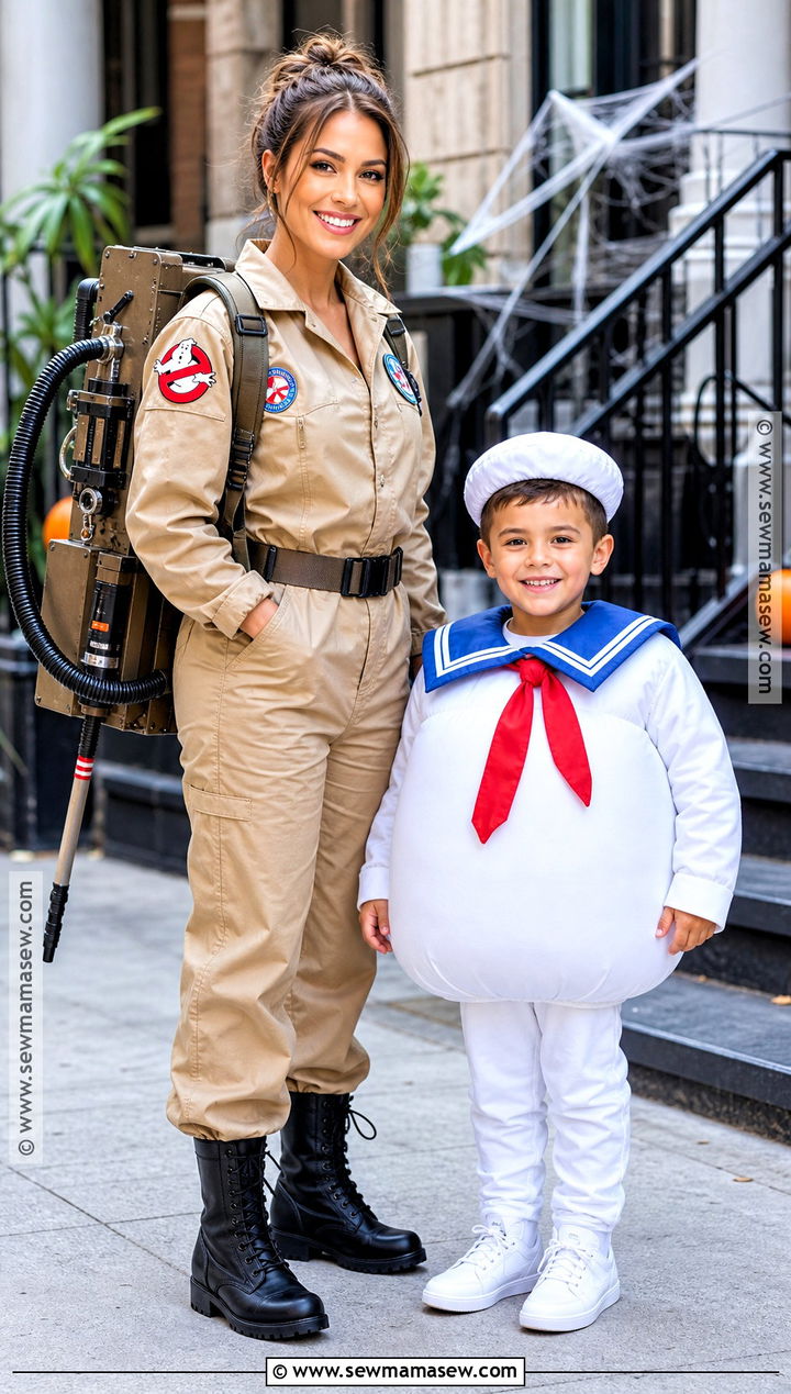 Ghost Hunter And Marshmallow Mascot Costume - 30 mommy and son halloween costumes