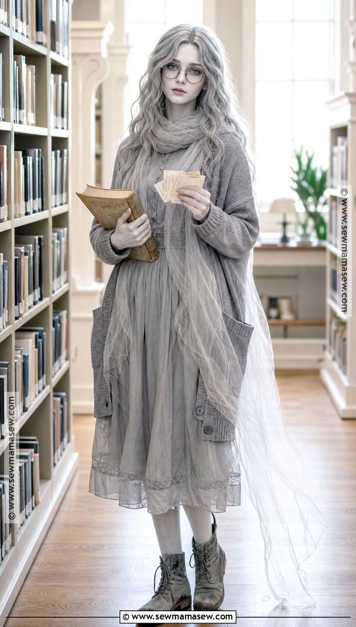 Ghost Librarian Costume With Gray Dress - 30 librarian costume ideas