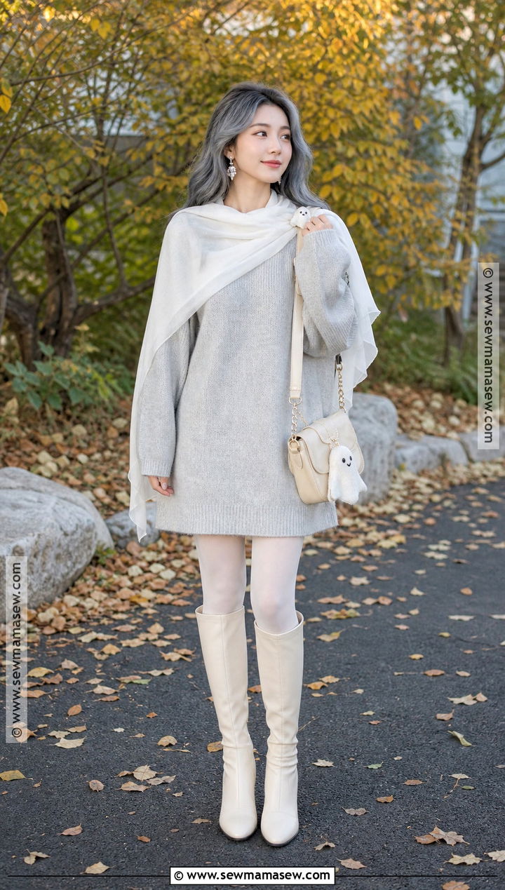 Ghost Outfit With Gray Sweater Dress - 30 Ghost Outfit Ideas