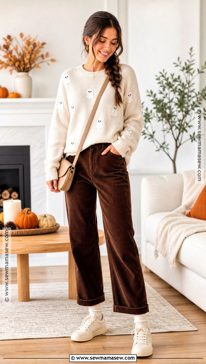 Ghost Sweater Halloween Outfit With Brown Corduroy Pants - 30 Halloween Casual Outfits