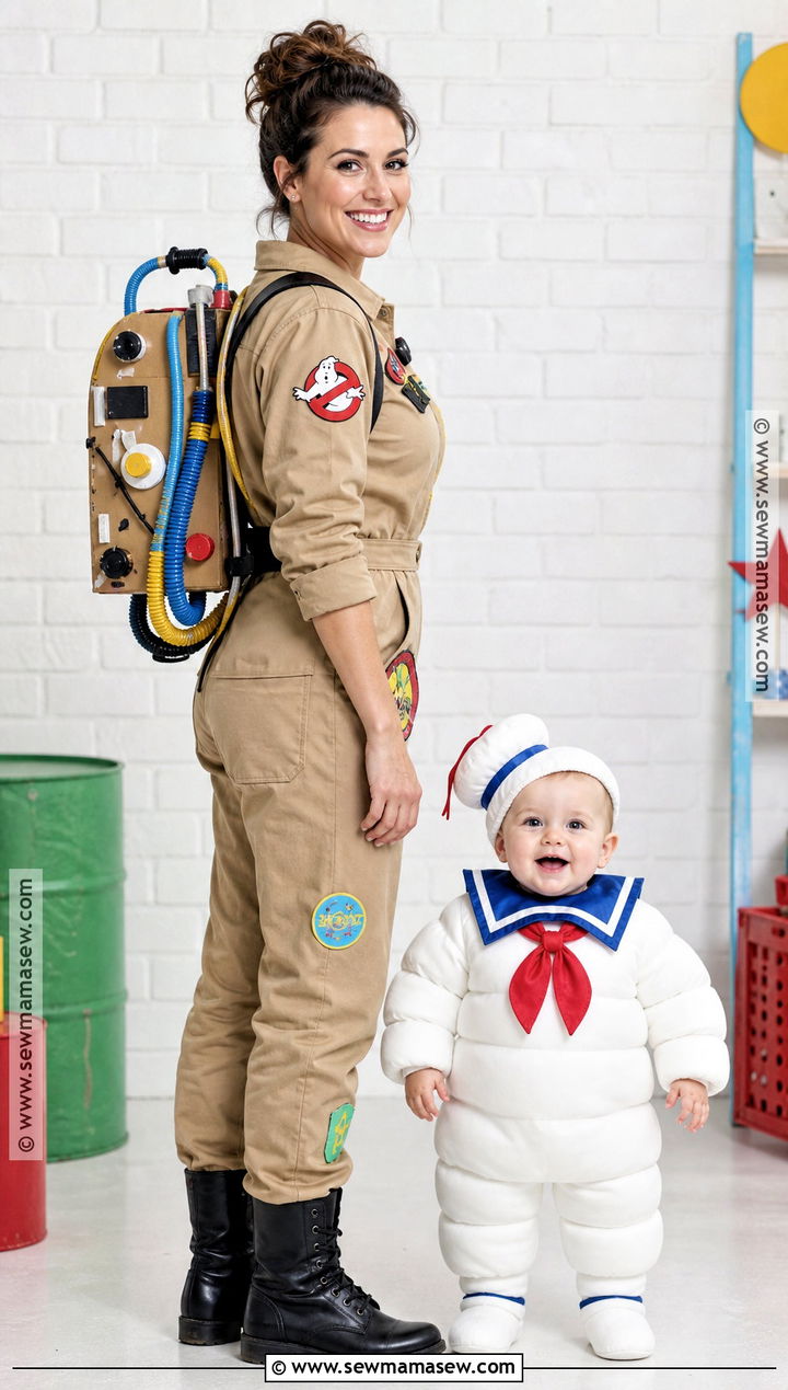 Ghostbuster And Baby Marshmallow Costume - 35 mom and baby halloween costumes
