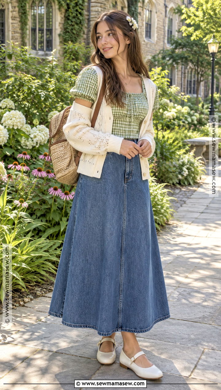 Gingham Blouse And Denim Maxi Skirt School Outfit - 15 aesthetic outfits back to school