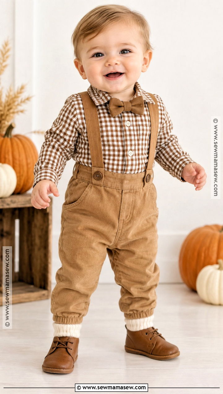 Gingham Bodysuit and Suspender Pants - 15 thanksgiving outfit ideas for baby boys