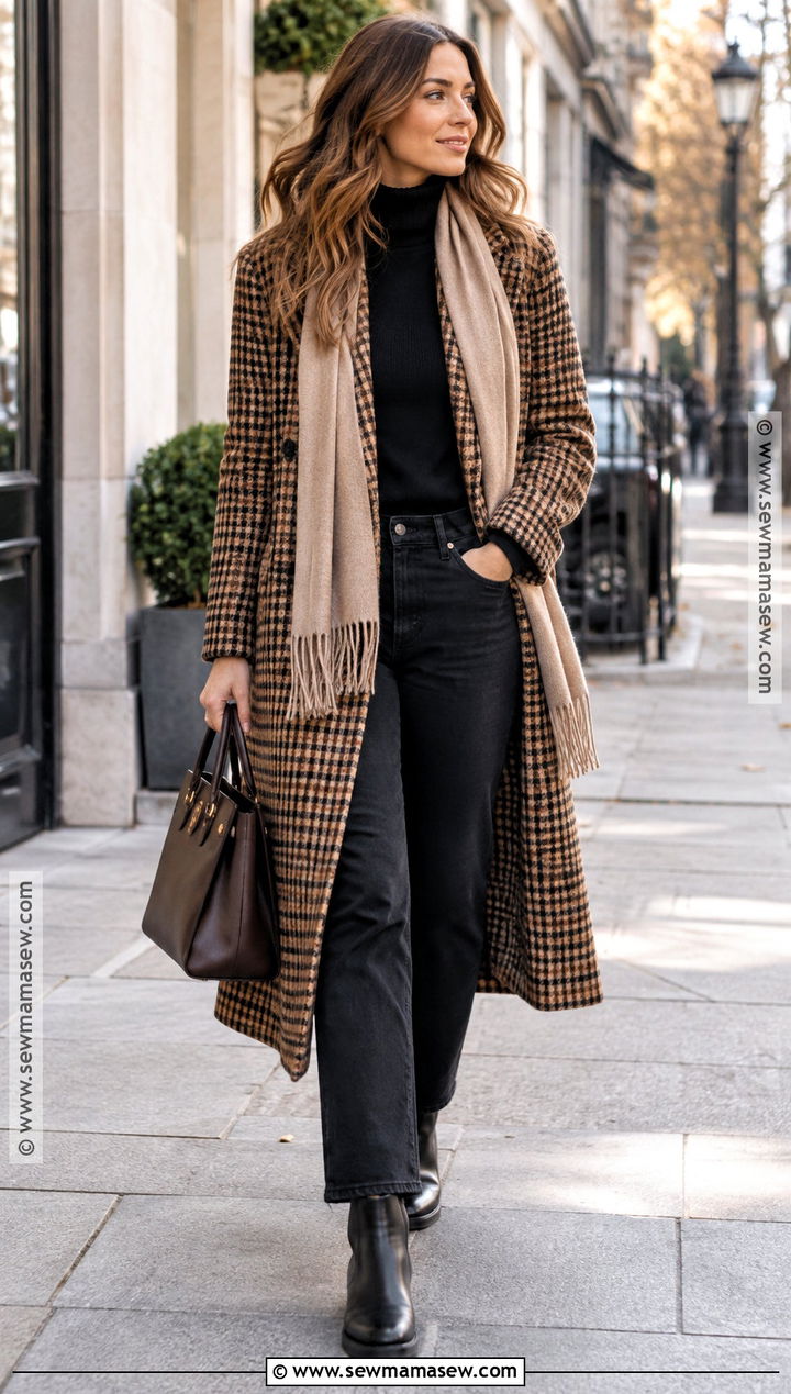Gingham Coat With Monochrome Basics - 15 fall gingham fashion ideas
