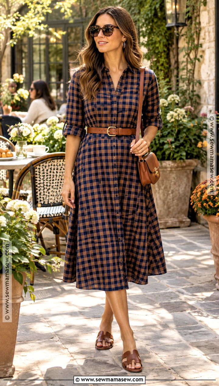 Gingham Dress And Cognac Accessories Fall Outfit - 25 hot weather fall outfits