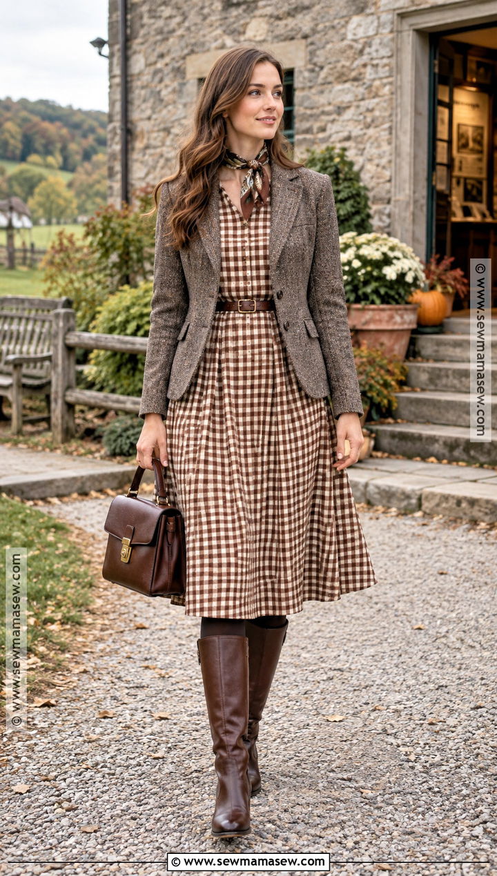 Gingham Dress And Tweed Blazer Autumn Cottagecore Outfit - 25 autumn cottagecore outfit ideas