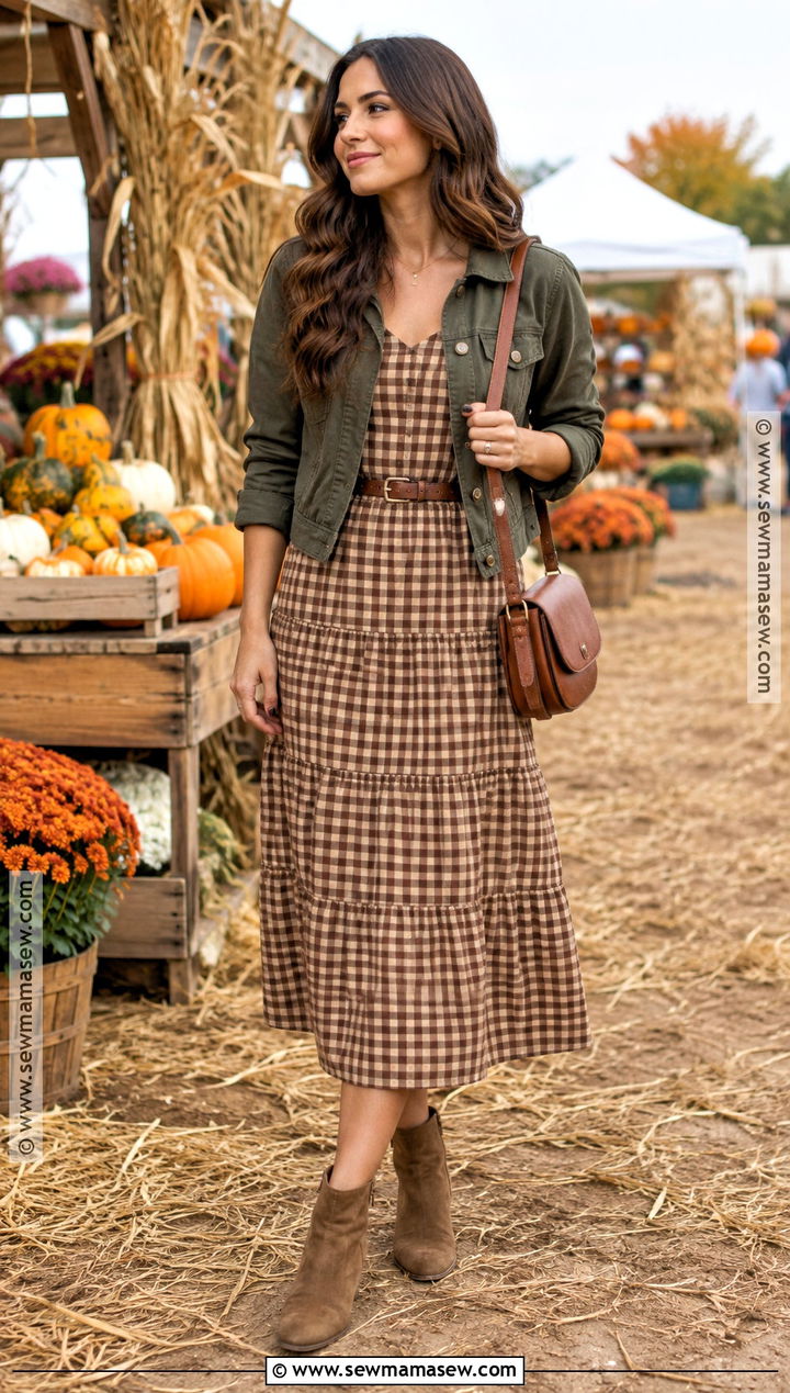 Gingham Dress and Ankle Boots Fall Fair Outfit - 25 fall fair outfit ideas