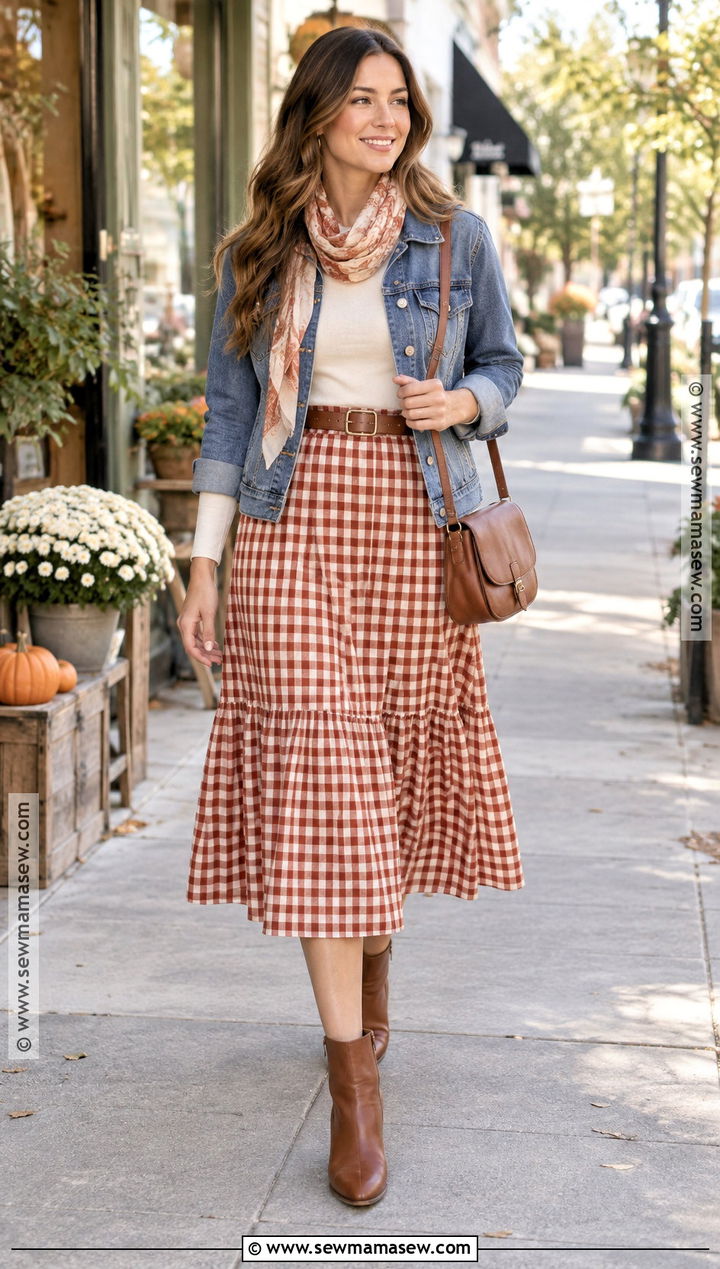 Gingham Midi Skirt With Denim Jacket - 15 fall gingham fashion ideas