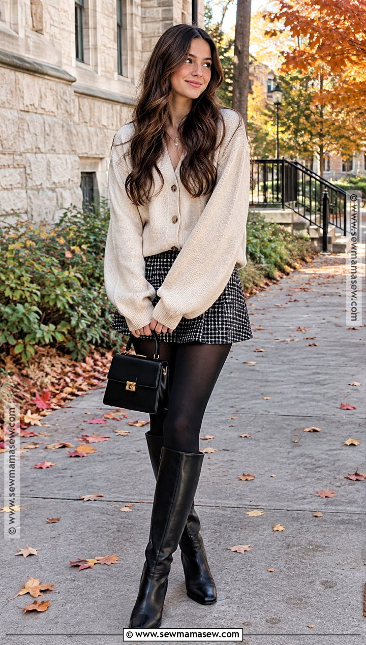 Gingham Mini Skirt With Oversized Cardigan - 15 fall gingham fashion ideas