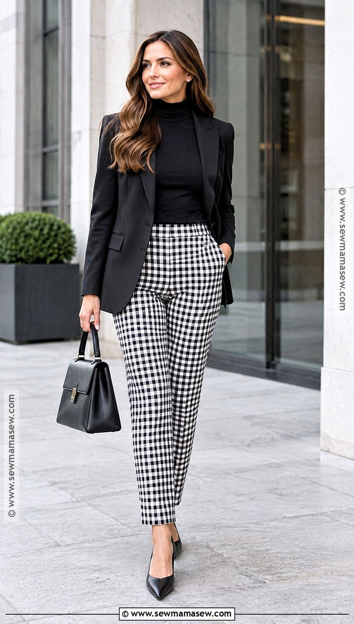 Gingham Pants With Black Blazer And Turtleneck - 20 Gingham Pants Outfit Fall