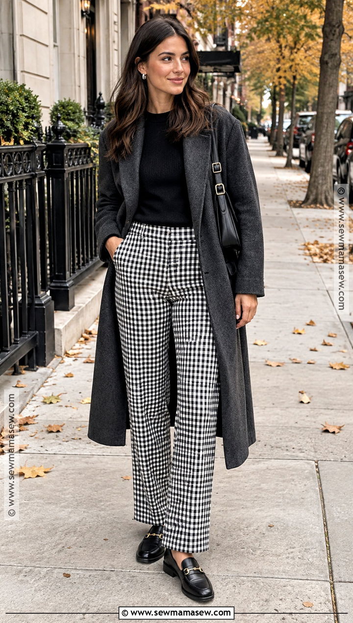 Gingham Pants With Black Sweater And Loafers - 20 Gingham Pants Outfit Fall