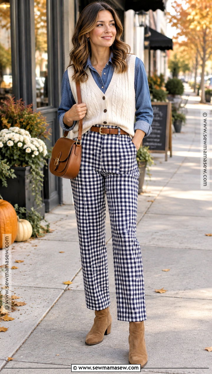 Gingham Pants With Denim Shirt And Suede Boots - 20 Gingham Pants Outfit Fall