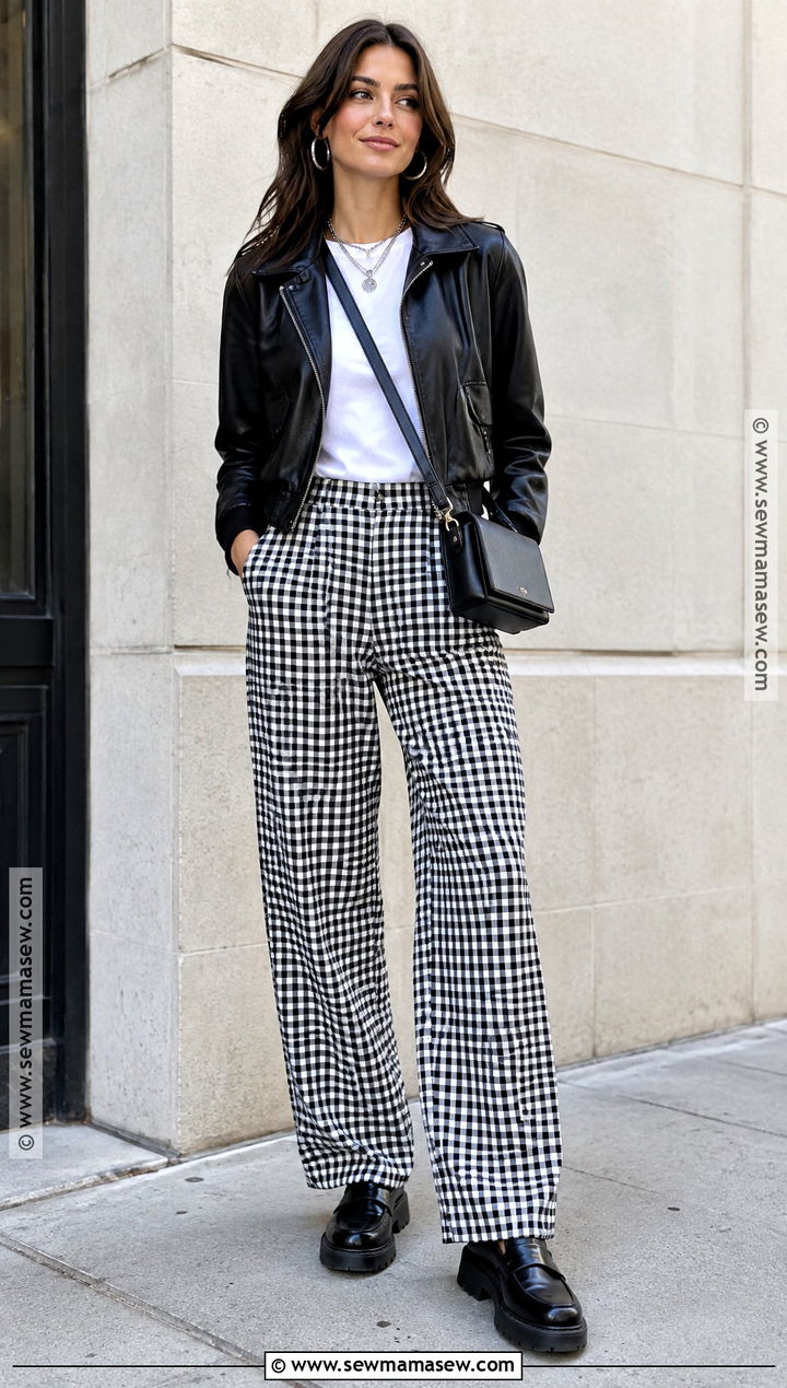 Gingham Pants With Leather Jacket And White T Shirt - 20 Gingham Pants Outfit Fall