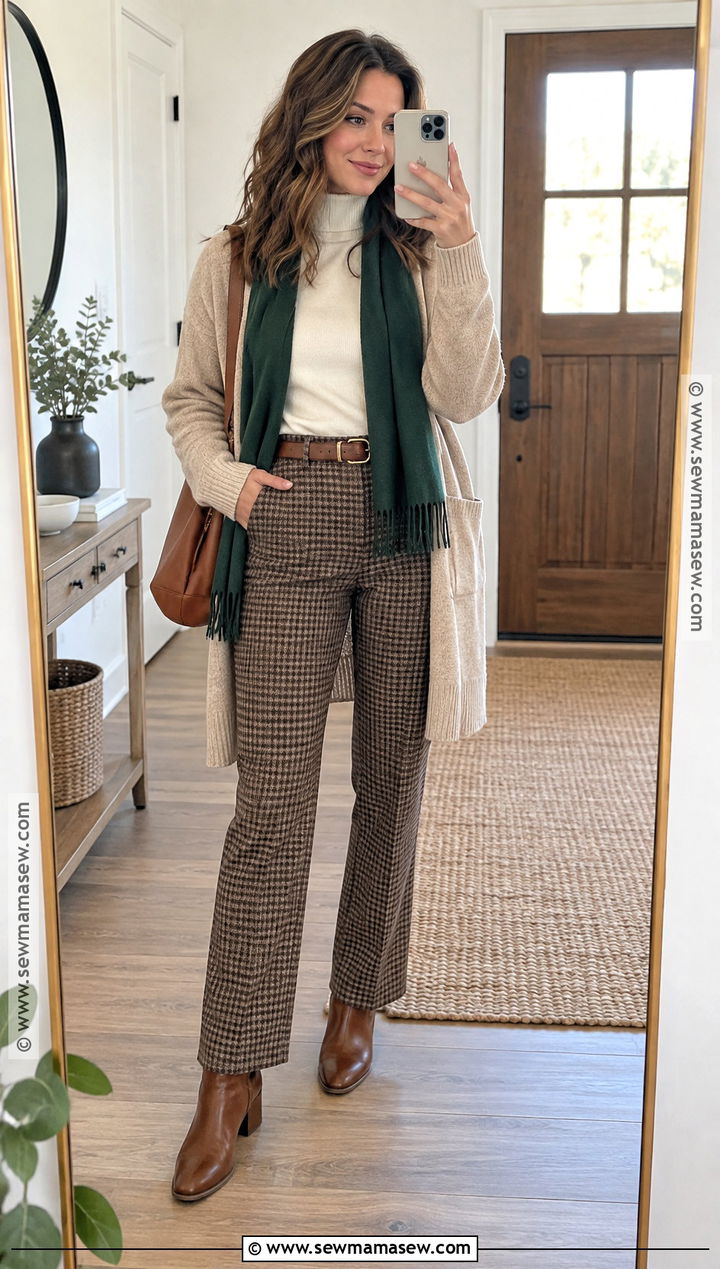 Gingham Pants With Long Cardigan And Ankle Boots - 20 Gingham Pants Outfit Fall