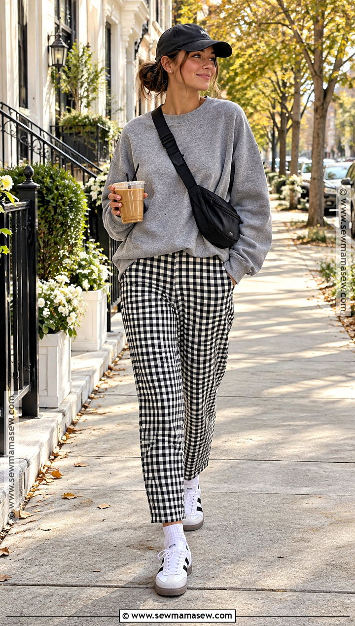 Gingham Pants With Oversized Sweatshirt And Sneakers - 20 Gingham Pants Outfit Fall
