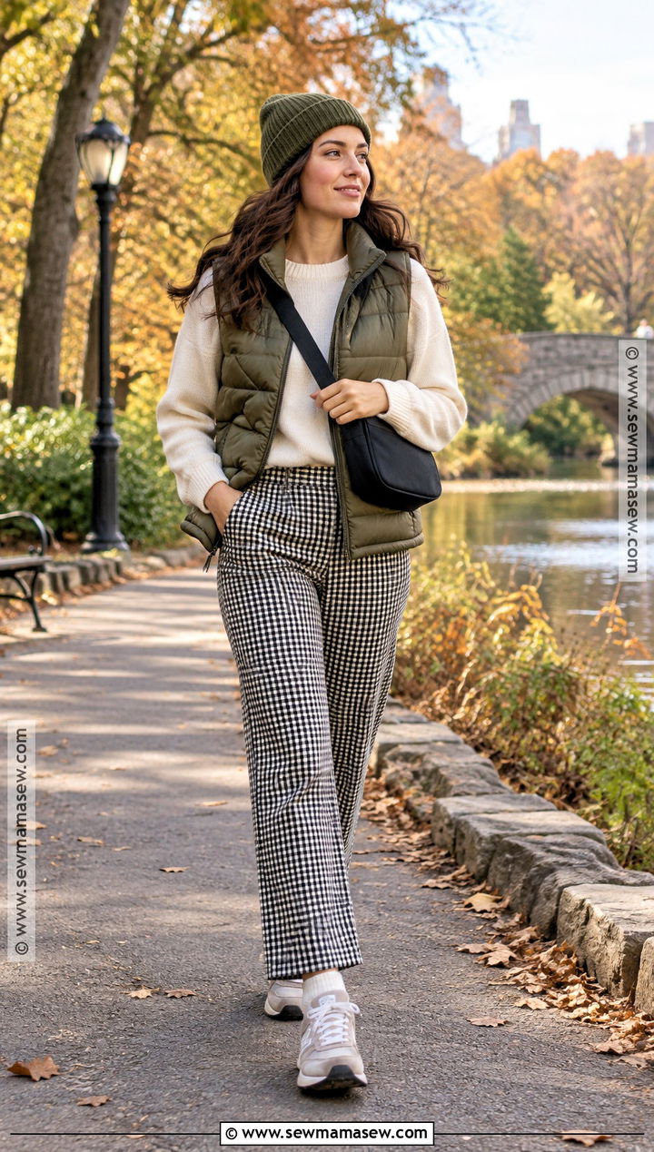 Gingham Pants With Puffer Vest And Sneakers - 20 Gingham Pants Outfit Fall