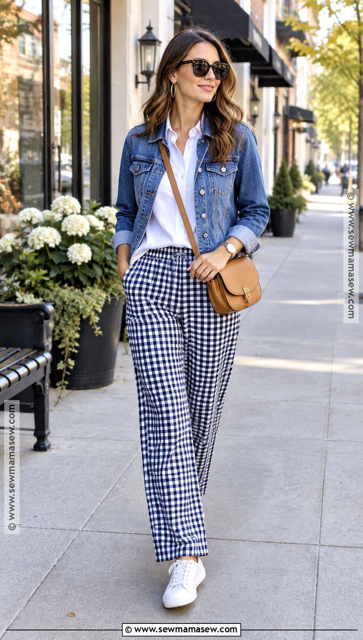 Gingham Pants With White Shirt And Denim Jacket - 20 Gingham Pants Outfit Fall
