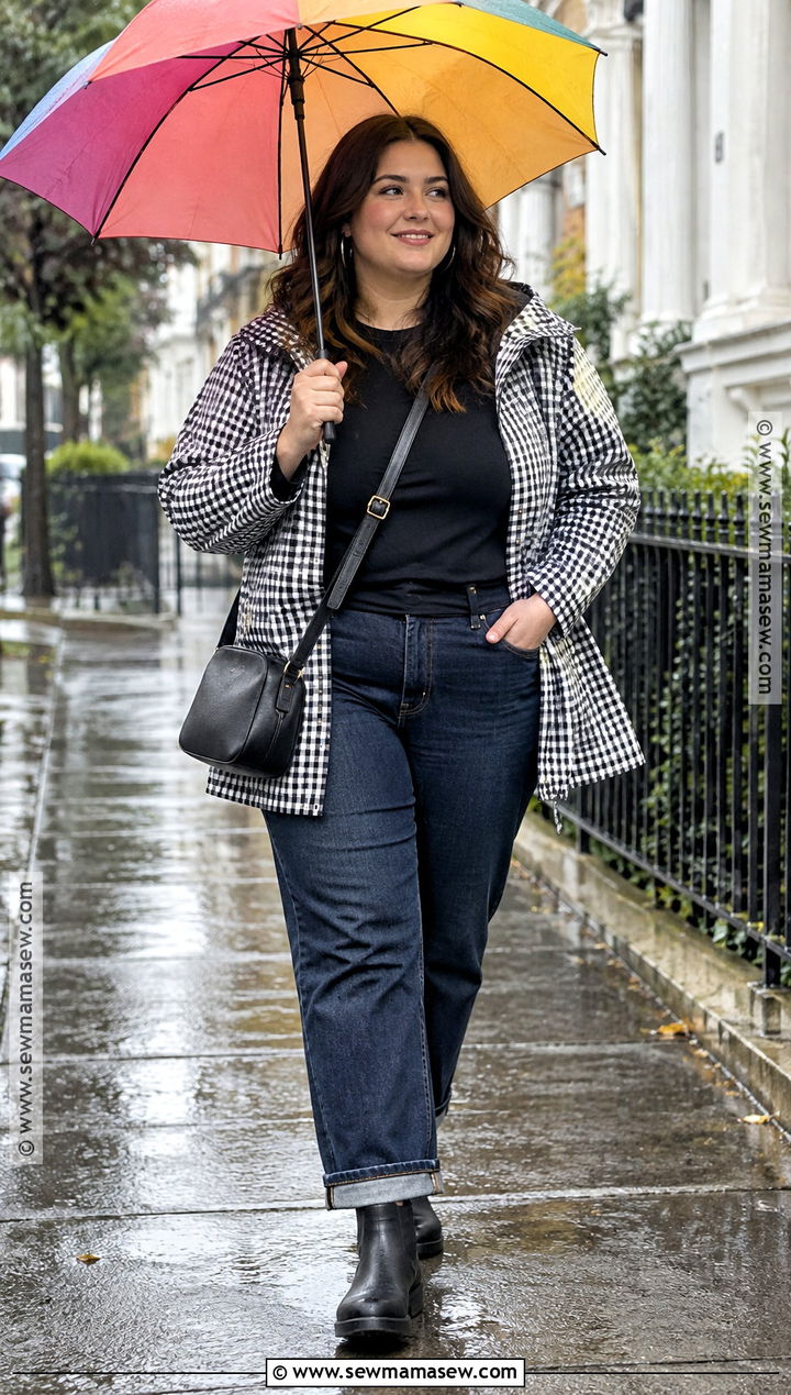 Gingham Rain Jacket With Dark Wash Jeans - 15 lane bryant fall jackets