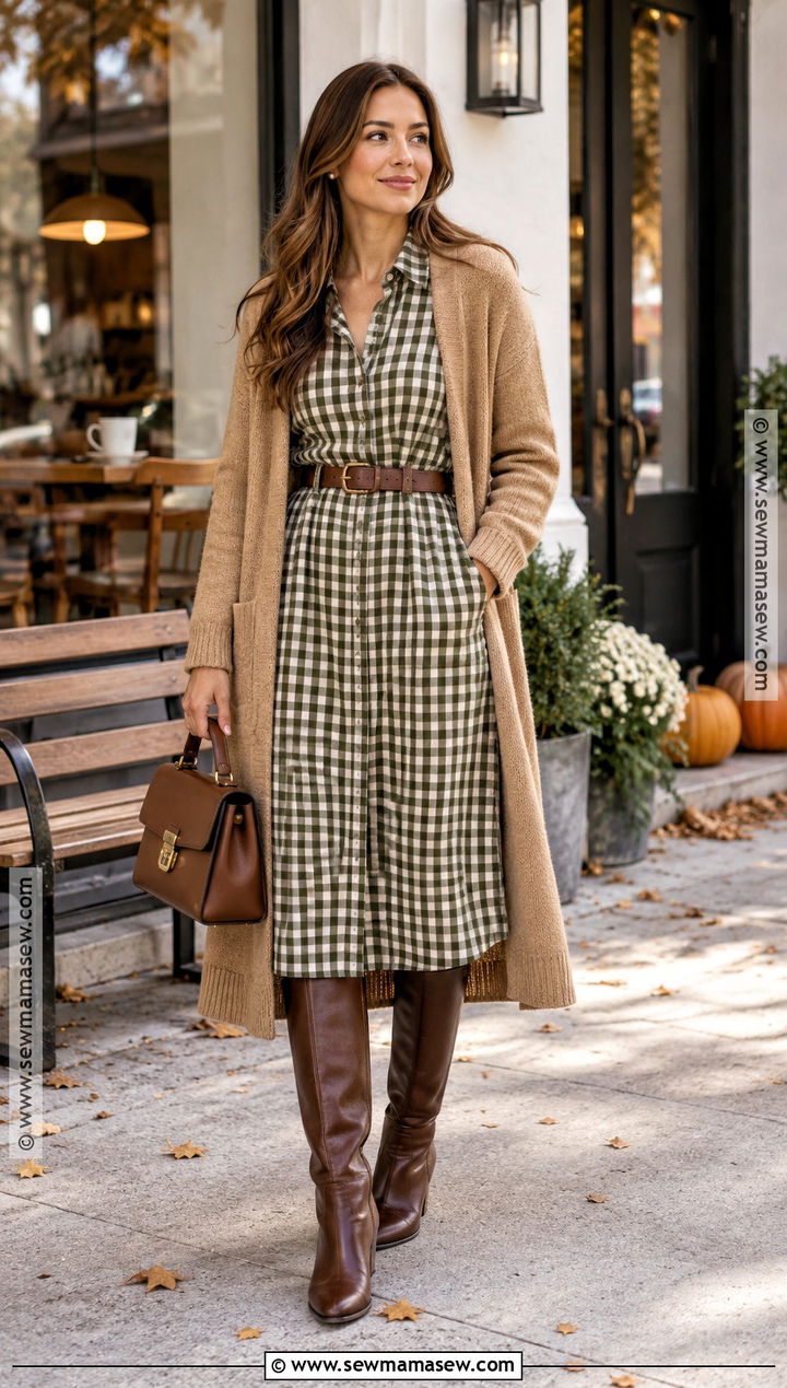 Gingham Shirt Dress With Knee High Boots - 15 fall gingham fashion ideas