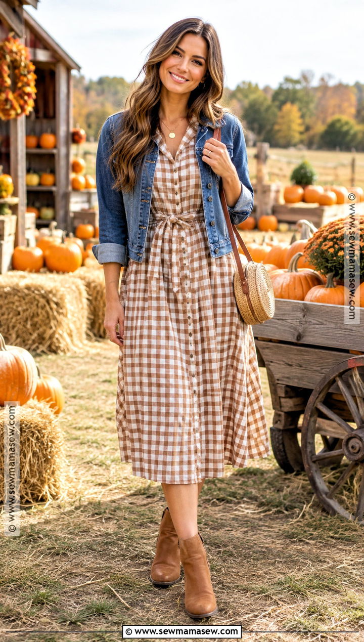 Gingham Shirt Dress and Ankle Boots Pumpkin Patch Outfit - 15 pumpkin patch style ideas