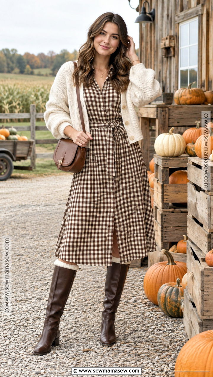 Gingham Shirt Dress and Knee High Boots Pumpkin Patch Outfit - 20 Pumpkin Patch Photoshoot Outfits