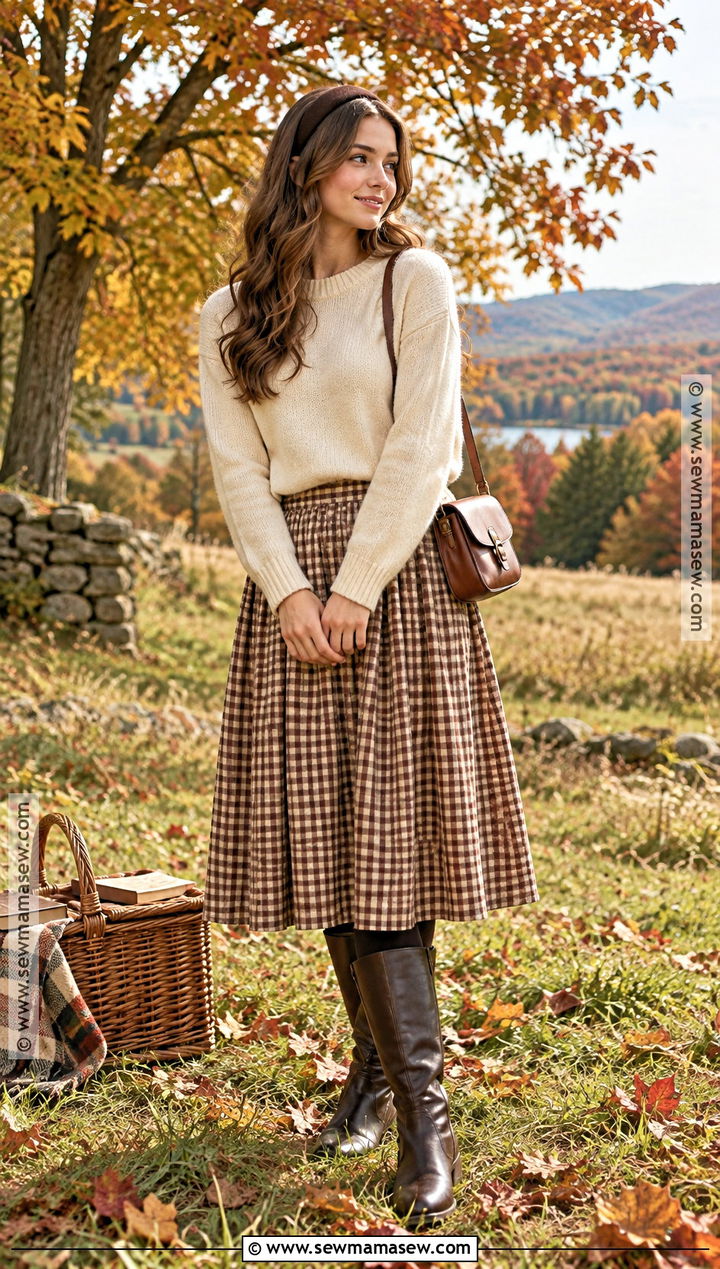 Gingham Skirt And Crewneck Sweater Picnic Outfit - 25 fall picnic outfit ideas