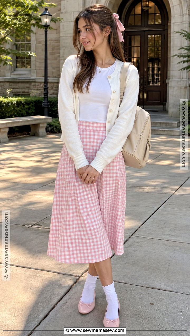 Gingham Skirt And White Cardigan Coquette Outfit - 15 Back To School Outfits Coquette