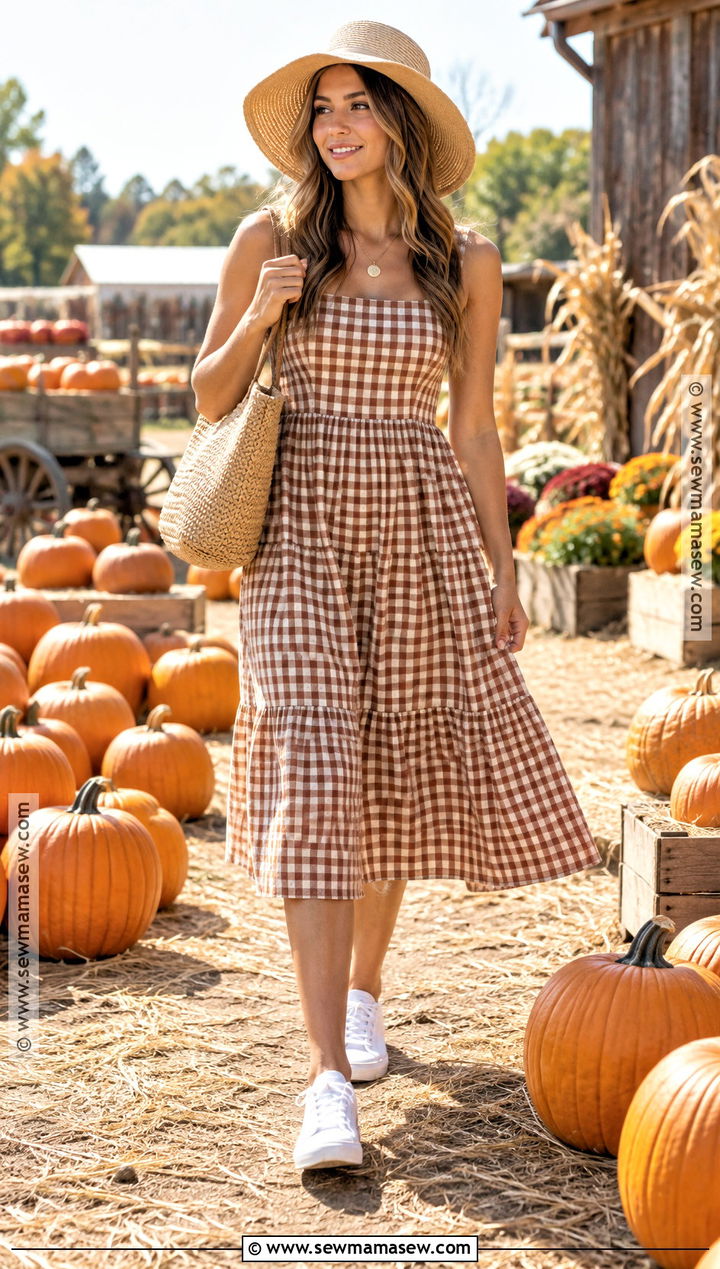 Gingham Sundress And Sneakers Pumpkin Patch Outfit - 20 Pumpkin Patch Outfit Ideas Hot Weather