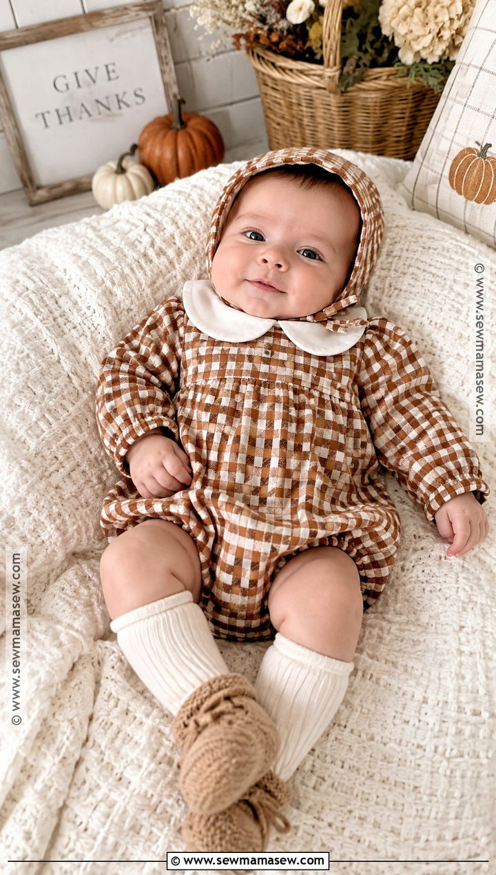 Gingham Thanksgiving Romper And Bonnet - 15 newborn first thanksgiving outfit ideas