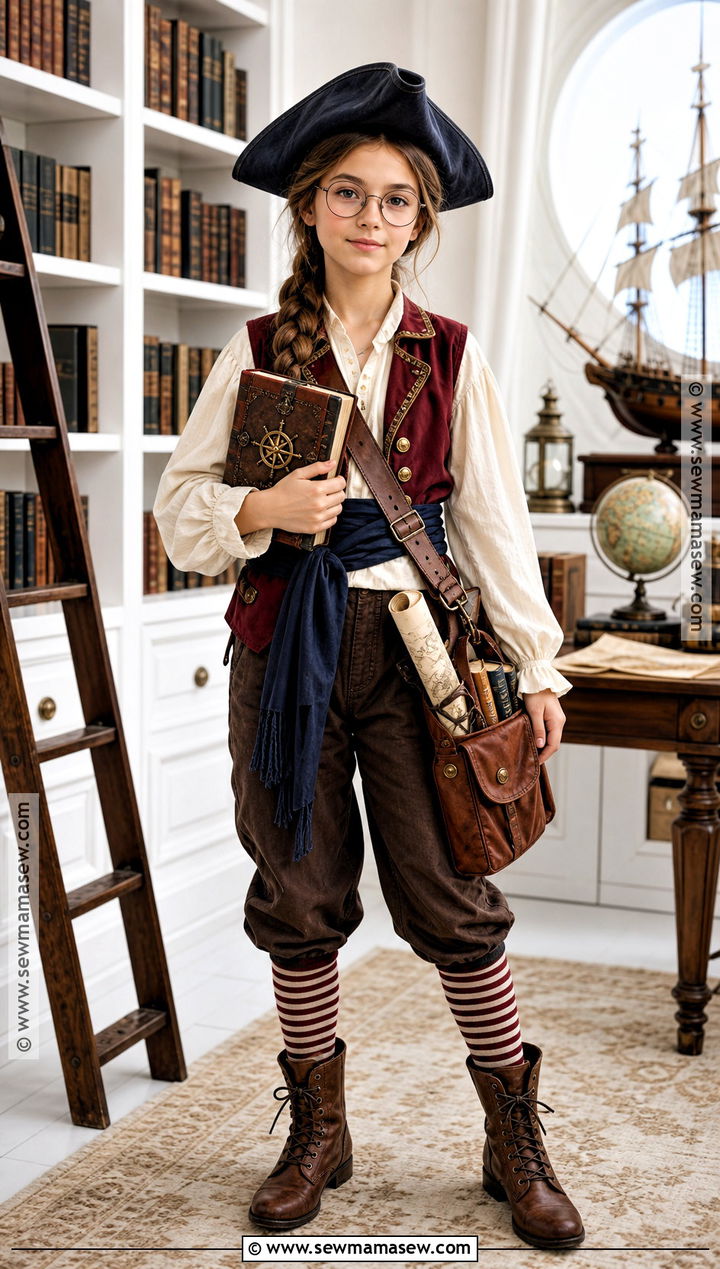Girl Bookworm Pirate Costume With Captain Log - 30 Girls Pirate Costume Ideas