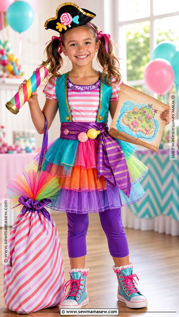 Girl Candy Pirate Costume With Bright Stripes - 30 Girls Pirate Costume Ideas