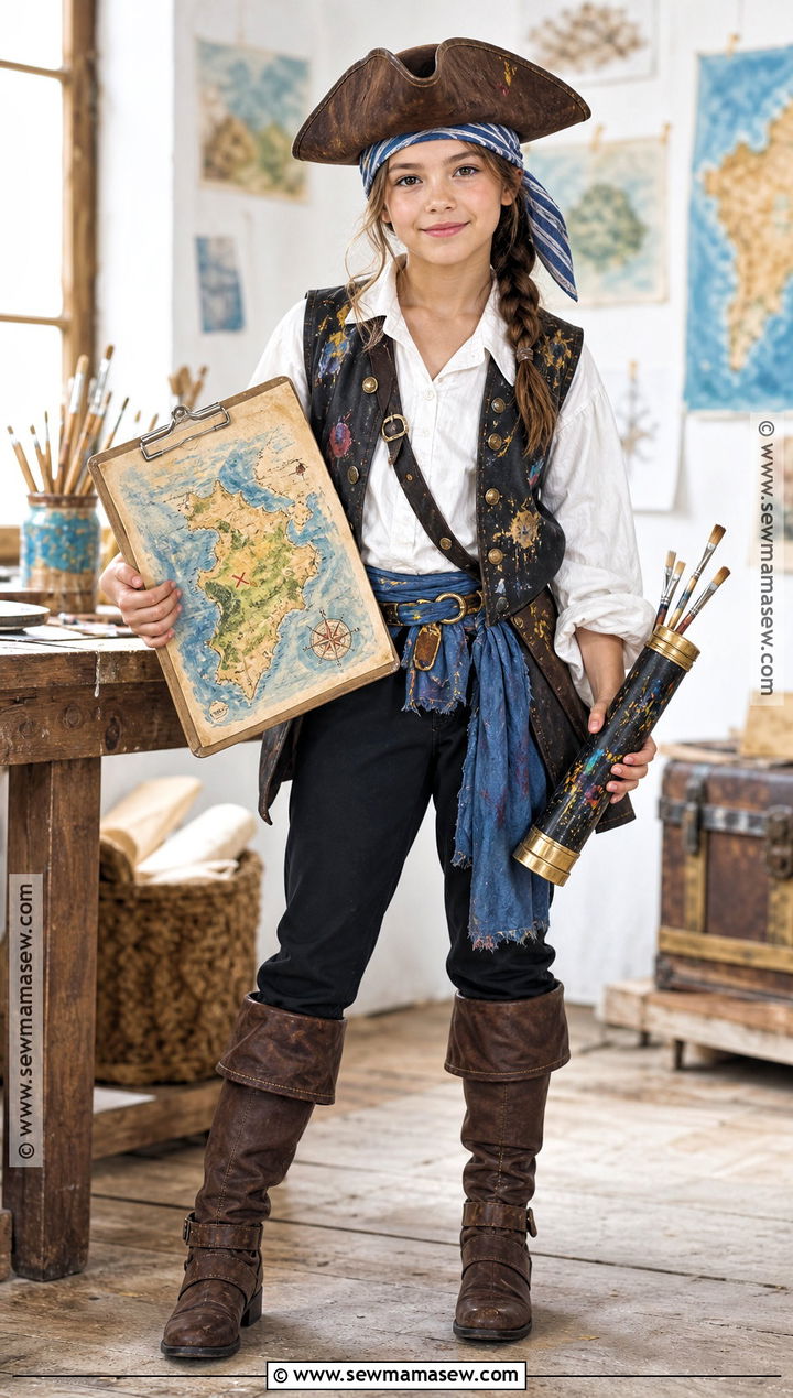 Girl Pirate Artist Costume With Painted Map - 30 Girls Pirate Costume Ideas