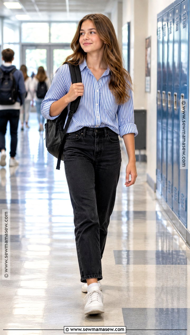 Girls Back To School Button Down Shirt And Black Jeans Outfit - 15 girls capsule wardrobe back to school ideas
