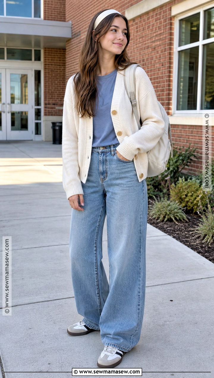 Girls Back To School Cardigan And Wide Leg Jeans Outfit - 15 girls capsule wardrobe back to school ideas