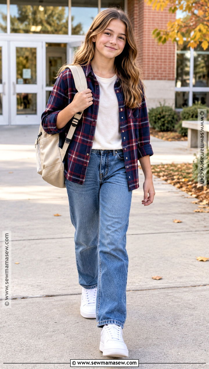 Girls Back To School Plaid Shirt And Relaxed Jeans Outfit - 15 girls capsule wardrobe back to school ideas
