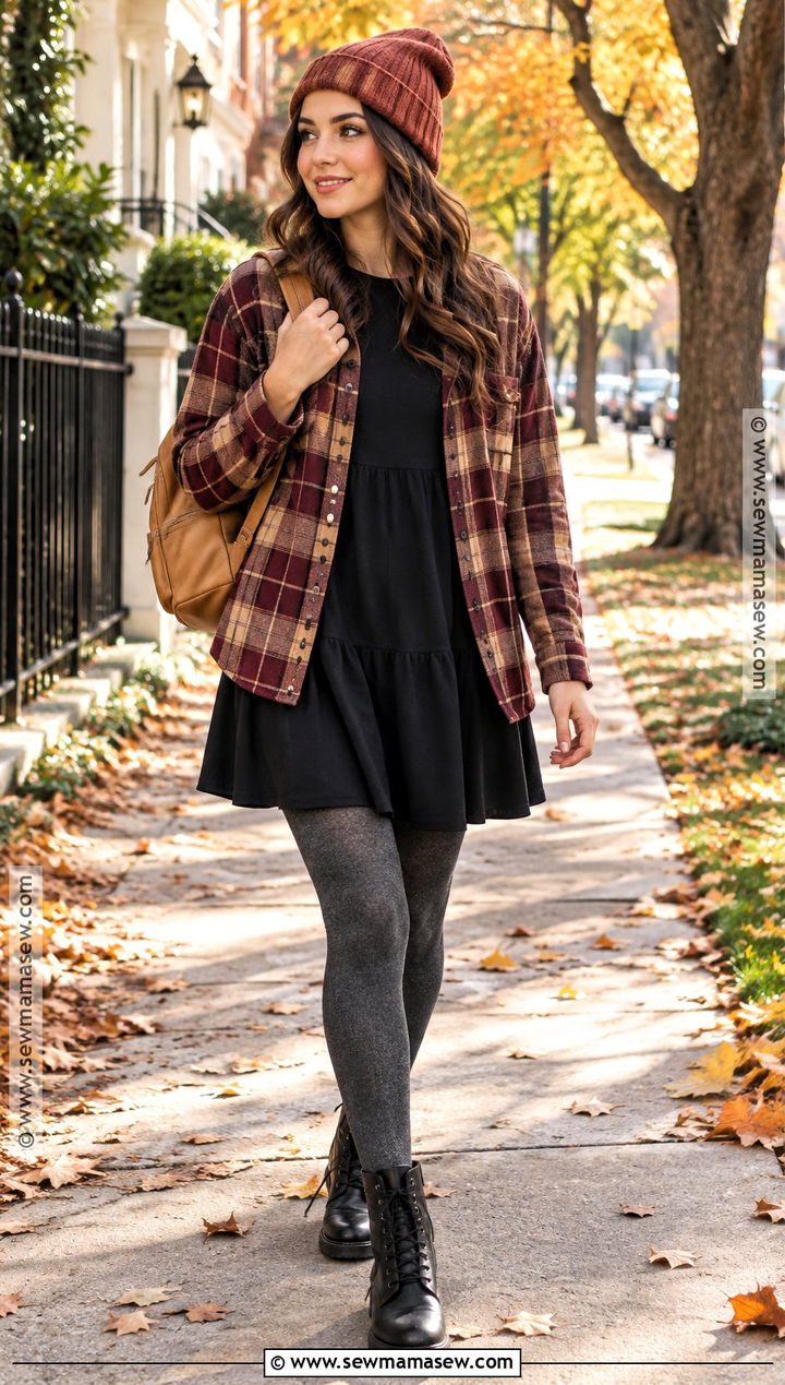 Girls Black Dress With Plaid Shacket And Lace Up Boots - 15 girls fall dress ideas