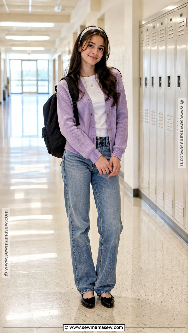 Girls Cardigan and Straight Leg Jeans School Outfit - 15 back to school outfits for girls 2026
