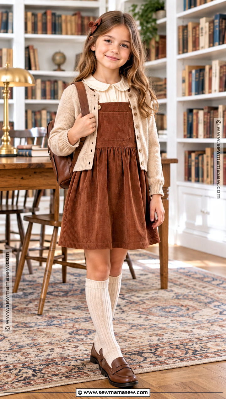 Girls Corduroy Pinafore Dress With Blouse And Loafers - 15 girls fall dress ideas