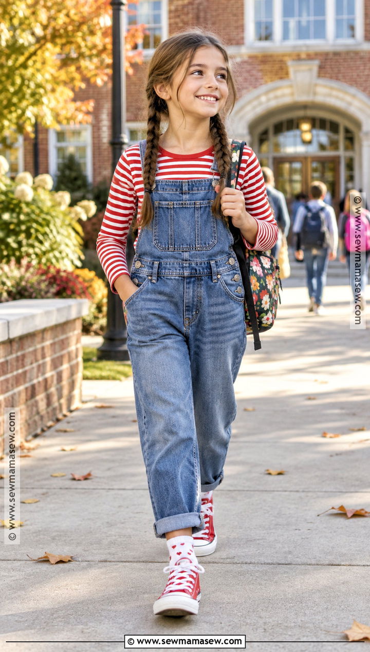 Girls Denim Overalls and Long Sleeve Tee School Outfit - 15 back to school outfits for girls 2026