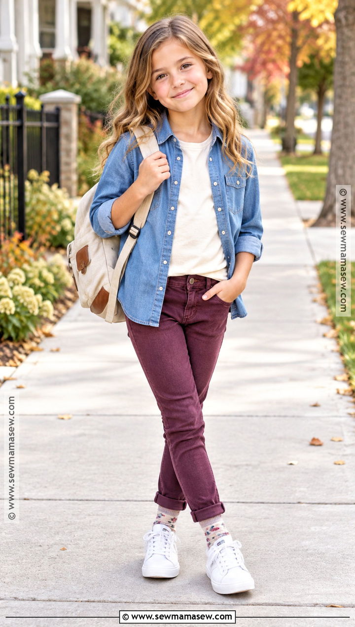 Girls Fall Chambray Shirt And Colored Jeans Outfit - 20 fall outfits for girls 7-8