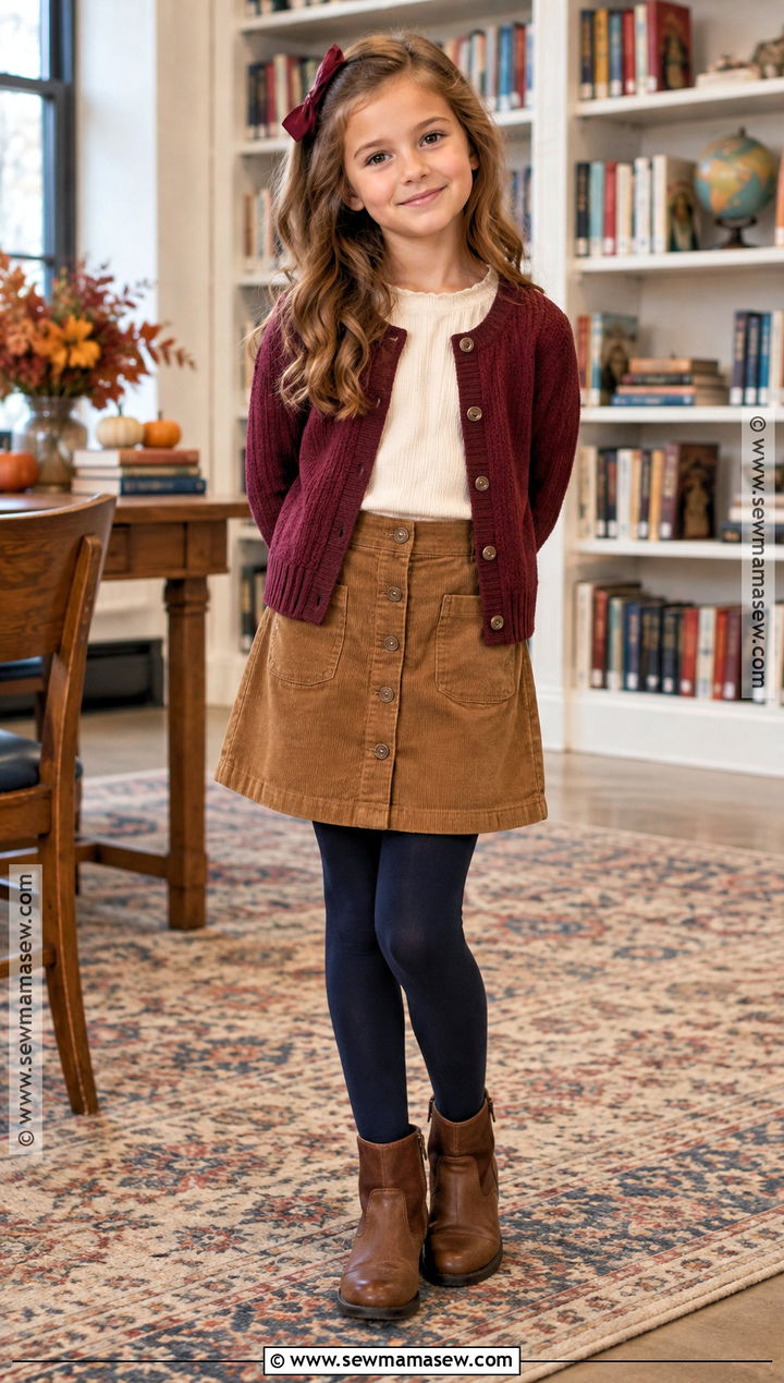 Girls Fall Corduroy Skirt And Cardigan Outfit - 20 fall outfits for girls 7-8