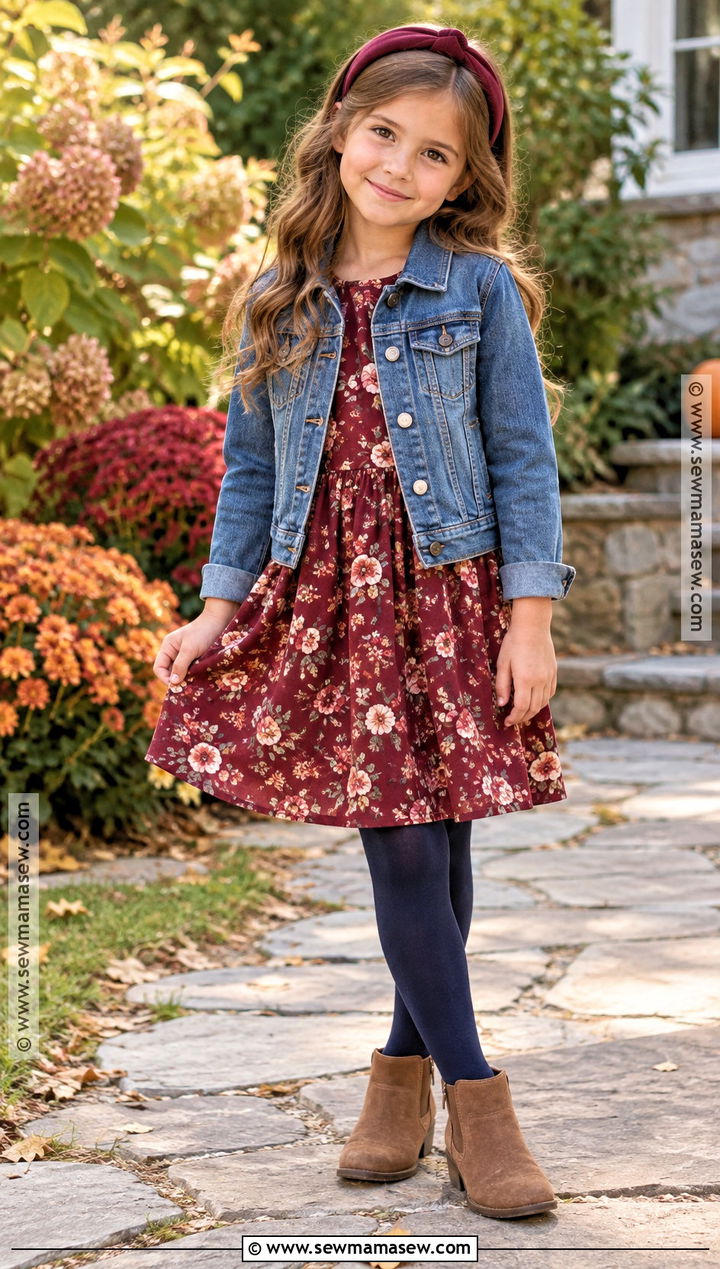 Girls Fall Denim Jacket And Floral Dress Outfit - 20 fall outfits for girls 7-8