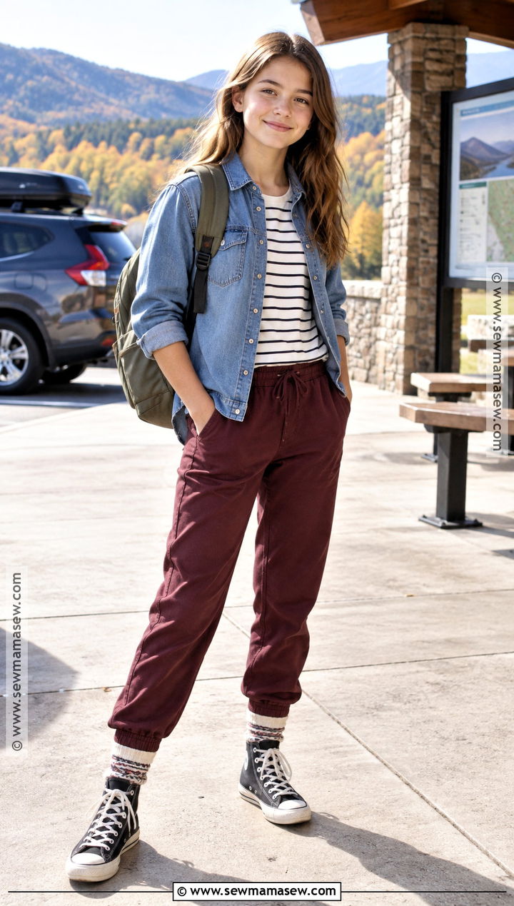 Girls Fall Denim Shirt And Jogger Pants Outfit - 20 fall outfits for girls 7-8