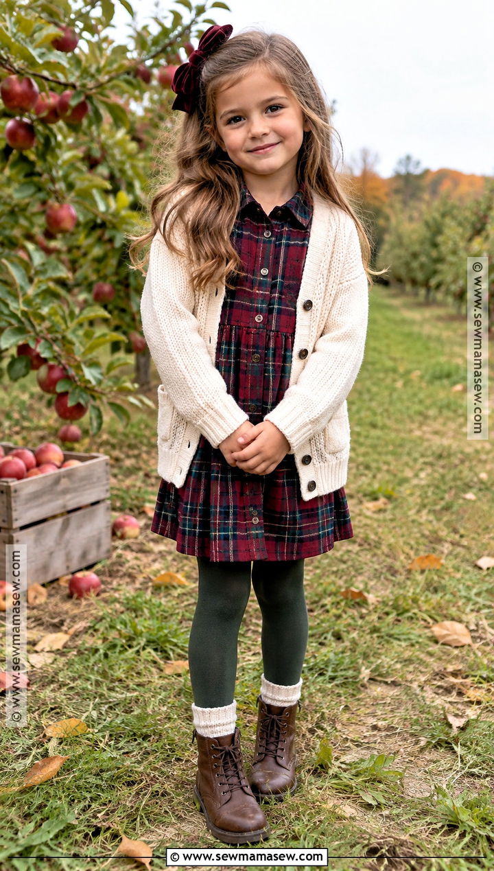 Girls Fall Flannel Dress And Tights Outfit - 20 fall outfits for girls 7-8