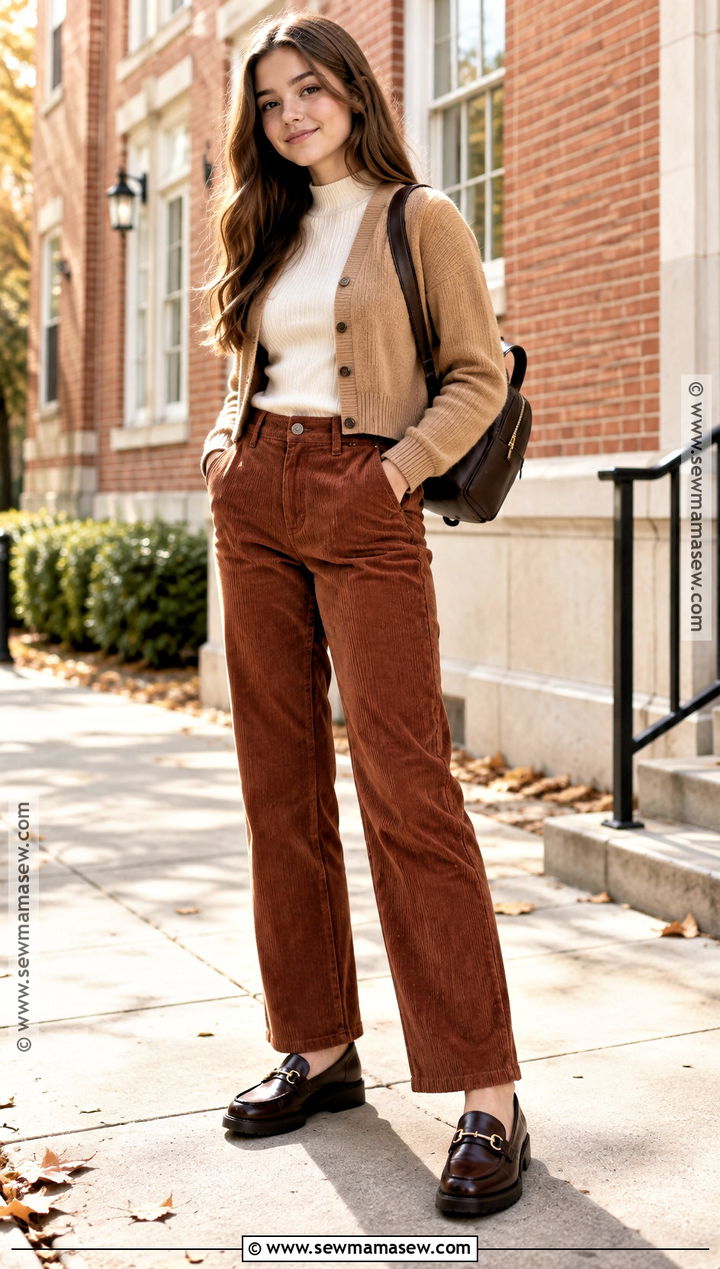Girls Fall Outfit With Corduroy Pants and a Knit Top - 15 girls fall outfit ideas
