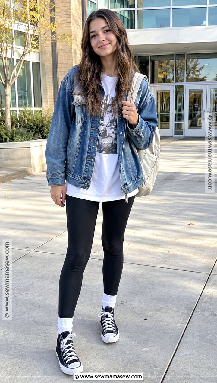 Girls Fall Outfit With a Denim Jacket and Leggings - 15 girls fall outfit ideas