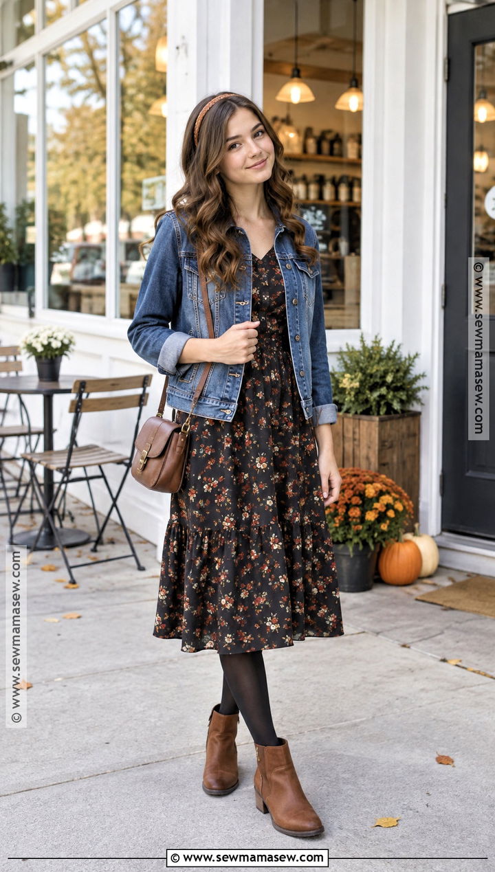 Girls Fall Outfit With a Floral Dress and Denim Jacket - 15 girls fall outfit ideas